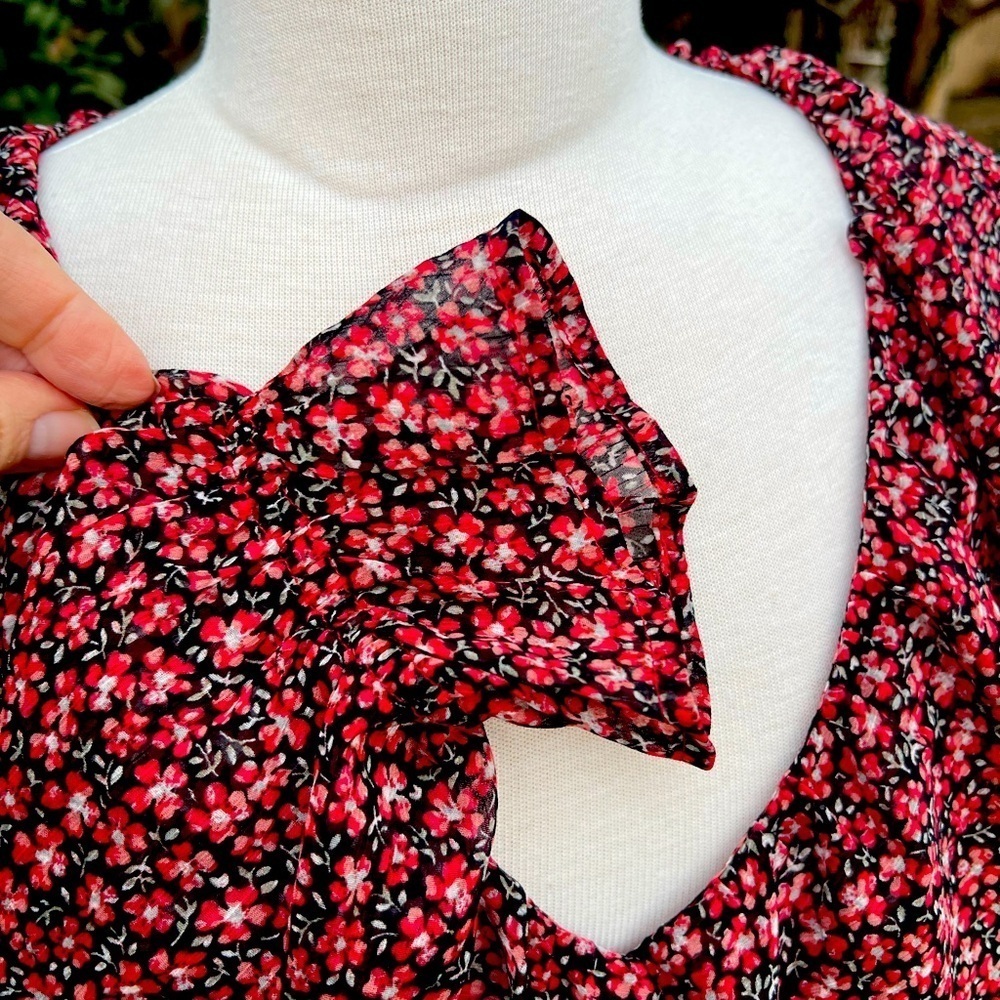 NWT - LOFT - Floral Ruffle V-Neck Blouse - Red - Picture 3 of 7